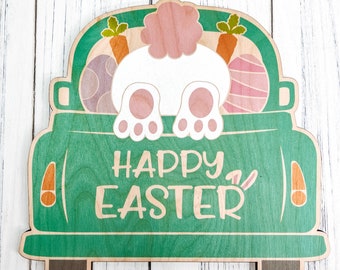 Happy Easter Truck Back Sign - Wood Decor - Door Hanger - Full Color Printed Design on Laser Cut Wood - Vintage Easter Truck