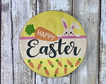 Happy EASTER Round- Circle Sign - Wood Decor - Door Hanger - Full Color Printed Design on Laser Cut Wood - Bunny and Carrots