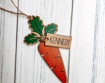 EASTER BASKET TAG- Carrot - Full Color Printed Design on Laser Cut Wood - Layered Design with Name Tag