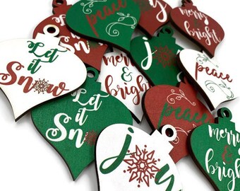 COLORFUL ORNAMENT SET - Set of Red, White, and Green Christmas Ornaments - Full Color Printed Design on Wood Cut Shapes