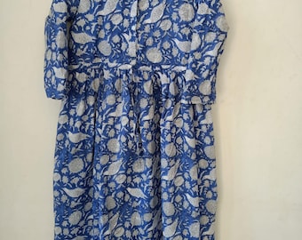Handblock Indian Cotton Long Dress, Boho Summer Dress