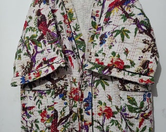 Indian Bird Prints Indian Cotton Handmade Winter Kimono Cardigans Kimono Robe Winter Abaya Kimono Dress Jacket Winter Jacket Boho Jacket