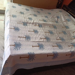 Indiskt palmträdsblommigt kantha-överkast, kantha-täcke, pläd, överkast, queen size-storlek bild 4