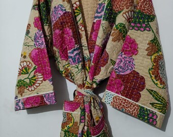 Beige Fruit Printed Winter Kimono Cardigans Kimono Robe Kimono Cardigans Winter Jacket Kantha Work Winter Robe Kantha Jacket