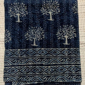 Indian handmade kantha quilt indigo tree print bedspread bedcover coverlet perfect bed matching kantha quilt queen size