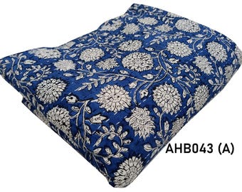 Handgjord indisk bomulls-Kantha-täcke - Blå blommig queen size