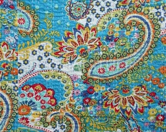 Handgjort paisley-tyg från India, Kantha-täcke i bomull, överkast i multifärgad färg