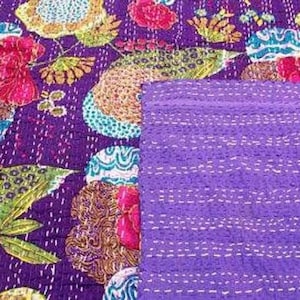 indian handmade cotton kantha quilt floral print throw size multi