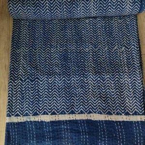 Quilt For Sale,Indigo Quilts,blue Kantha Handblock Quilt,zigzag print handmade kantha throw,kantha quilt bedspread size multi