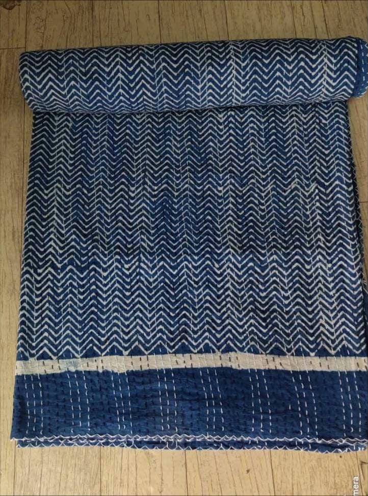 Quilt For Sale,Indigo Quilts,blue Kantha Handblock Quilt,zigzag print handmade kantha throw,kantha quilt bedspread size multi