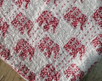 handblock elephant print indian handmade kantha quilt,throw,bedcover size multi
