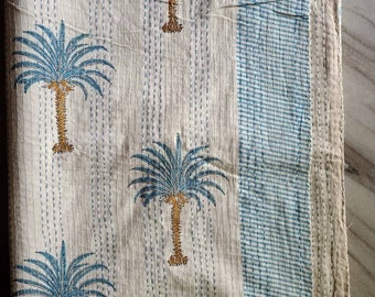 Indian Palm Tree floral print kantha bedcover kantha quilt ,throw,bedspread size queen