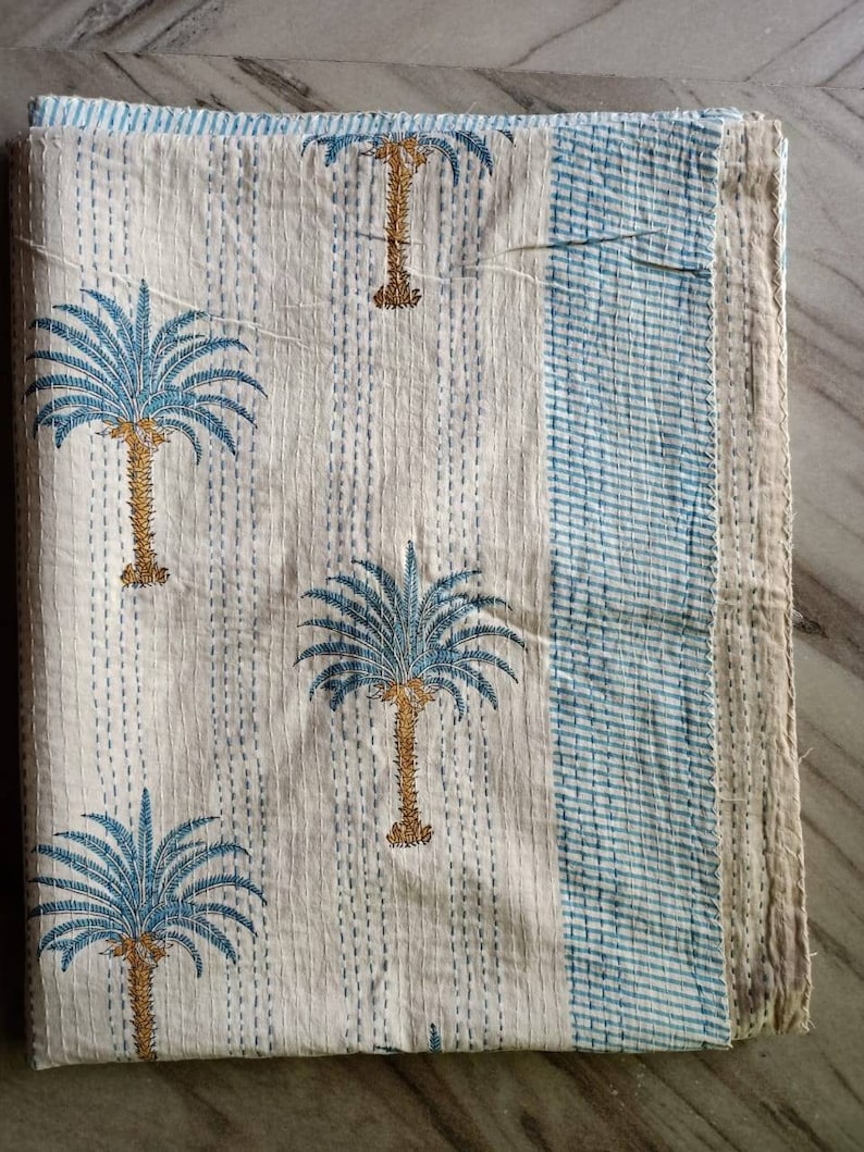 Indiskt palmträdsblommigt kantha-överkast, kantha-täcke, pläd, överkast, queen size-storlek bild 1