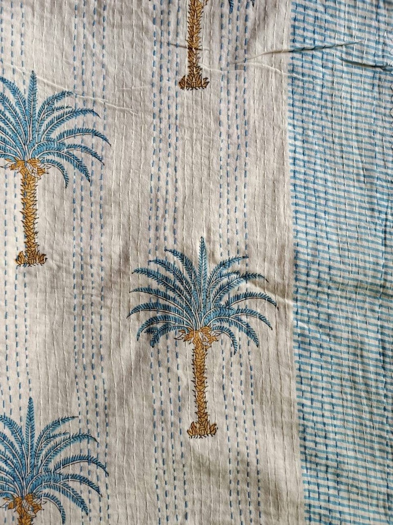Indiskt palmträdsblommigt kantha-överkast, kantha-täcke, pläd, överkast, queen size-storlek bild 3
