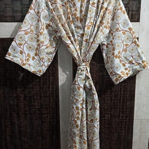 Indian Orange Floral Kimono Robe For Women Kimono Cardigan Nights Costume Bath Robes Hospital Robes Free Size Robes Long Cotton Robes Linen