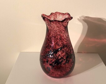 Handblown Art Glass Flower Vase purple with dark blue pattern