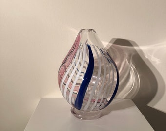 Handblown Art Glass Flower Vase blue, white, red stripes