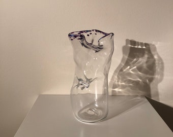Handblown Art Glass Unique Flower Vase clear wrinkled purple lip