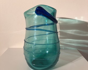 Handblown Art Glass Flower Vase green with blue accent
