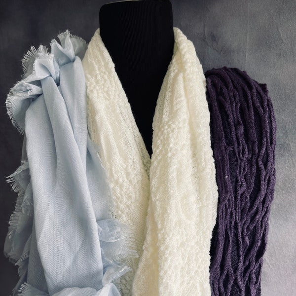 Lot of 3 scarves White wool/acrylic shawl Large scarves Knitted purple shawl Blue acrylic scarf Warm wrap for fall/winter