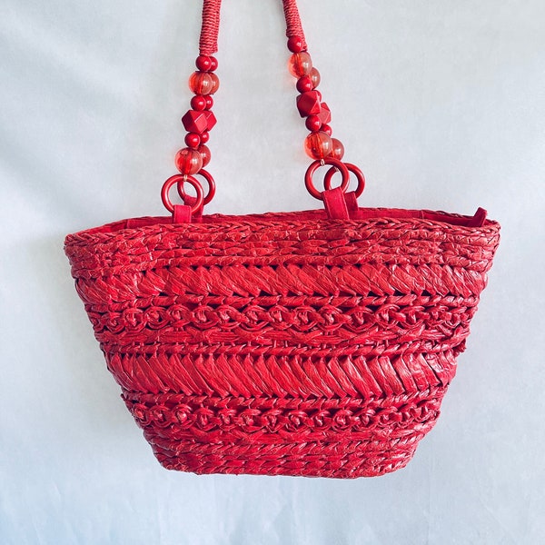 CHICO'S Handmade red basket bag BOHO style plastic basket bag Market basket bag with glass beads handles Shopping/beach and grocery bag