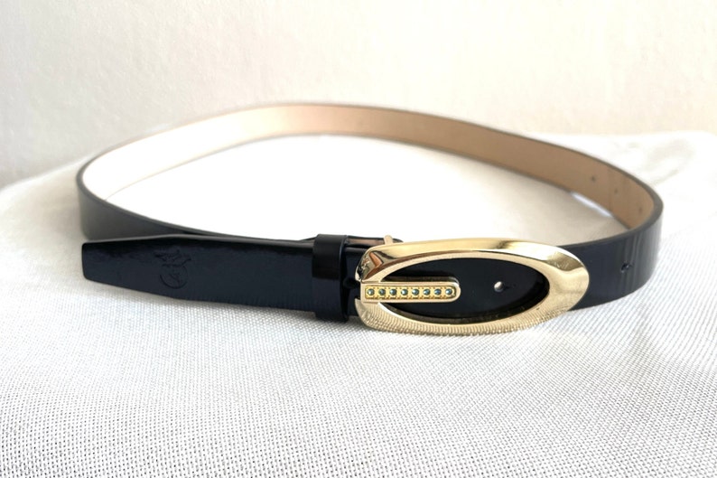 AUSTRALION Women's Belt Genuine leather belt Black real leather belt Gold/crystal plaque belt size L image 8