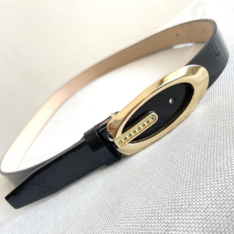 AUSTRALION Women's Belt Genuine leather belt Black real leather belt Gold/crystal plaque belt size L image 9