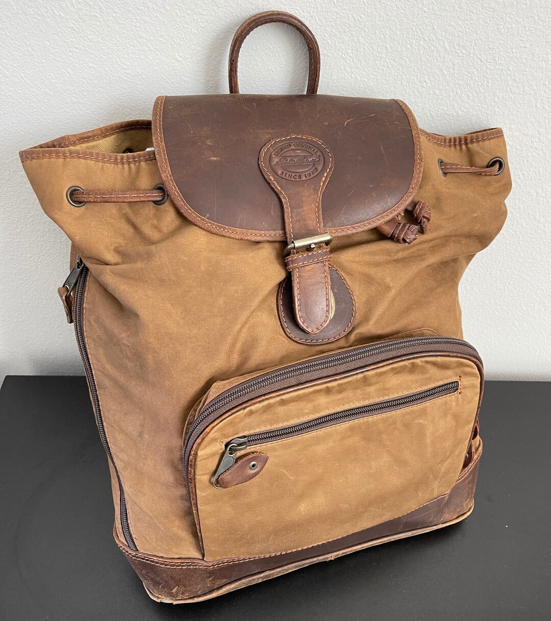 Eddie Bauer Backpack Vintage Signed Original Leather Brown Canvas