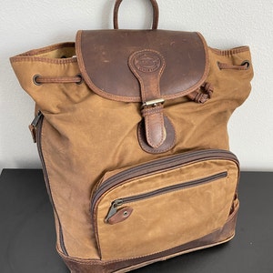 Eddie Bauer Backpack Vintage Signed Original Leather Brown Canvas