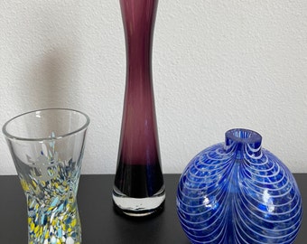 Lot of 3 glass small vases Dark purple/blue/clear vases