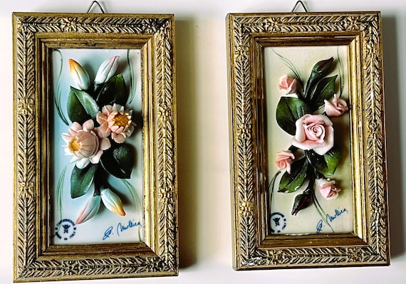 CAPODIMONTE★ブーケ★陶花★イタリア★壁掛 Capodimonte 3D Framed Flowers Pair of Signed Visconti Mollica Made