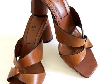 ZARA heels shoes Brown leather tan strappy shoes Medium height heel 3" shoes size 36