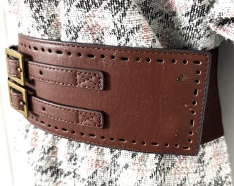 Women's Belt Brown faux leather elastic fashion size ML wide