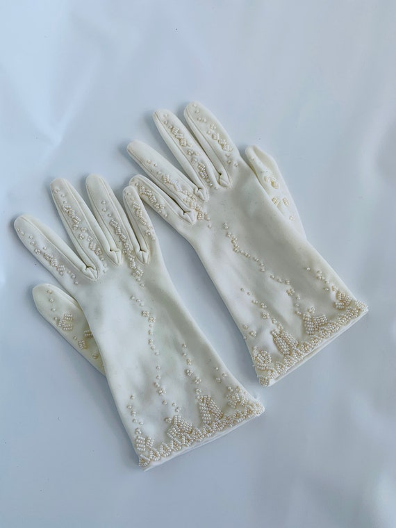Wedding Gloves Pearl bridal gloves White full-fin… - image 3