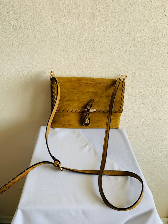 Brown Suede Crescent Shoulder Bag with Gold Clasp Detail