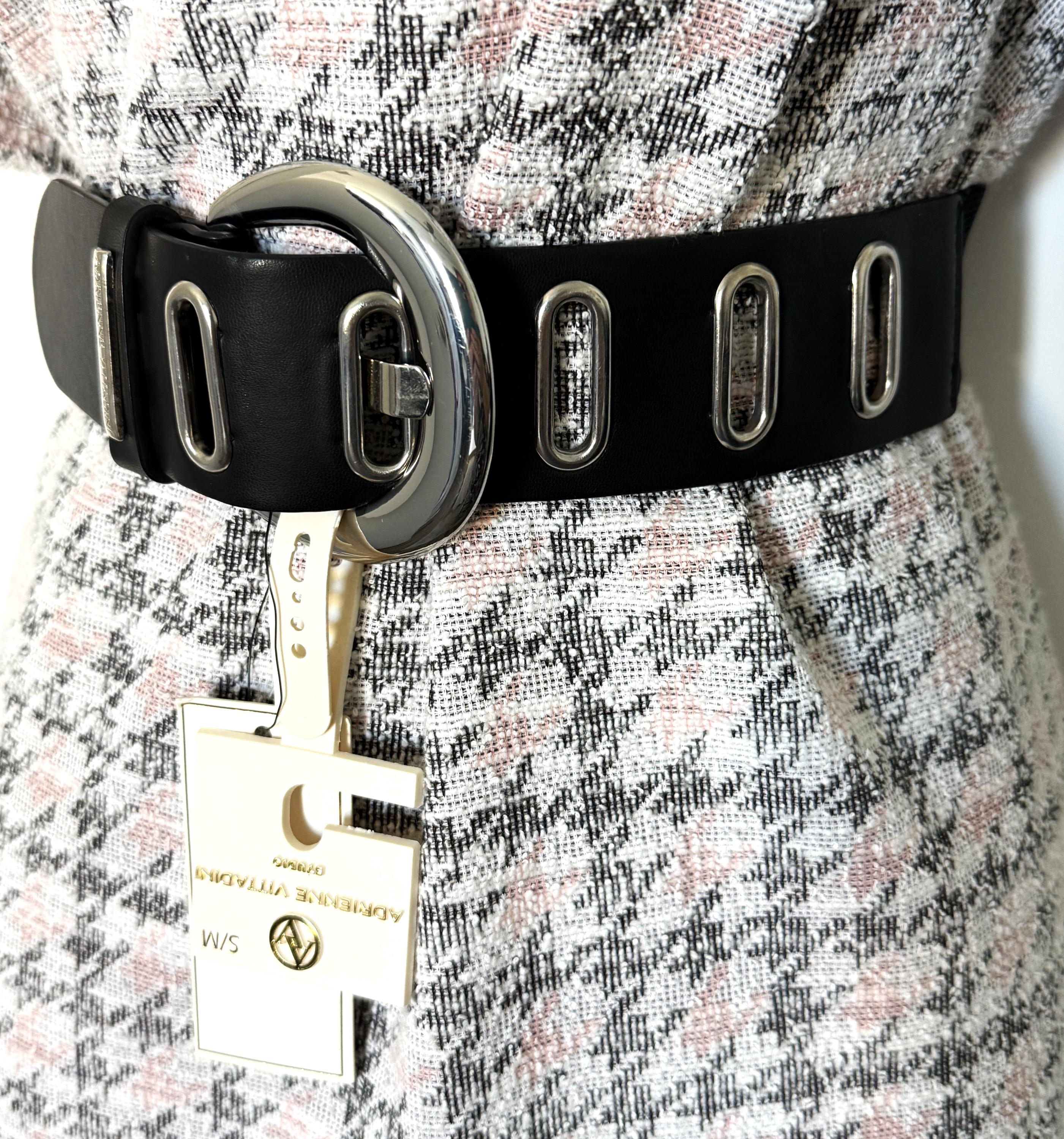 Adrienne Vittadini Wide Woven Black Stretch Leather Belt‎ W Silver Clasp Vintage Black Silver Trim Adrienne Vittadini Adjustable Belt  main image 3