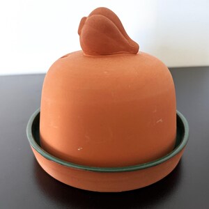 May include: A terracotta cheese dome with a matching base. The dome has a rounded shape with a decorative top. The base is a shallow dish with a green rim. The cheese dome is designed to keep cheese fresh.