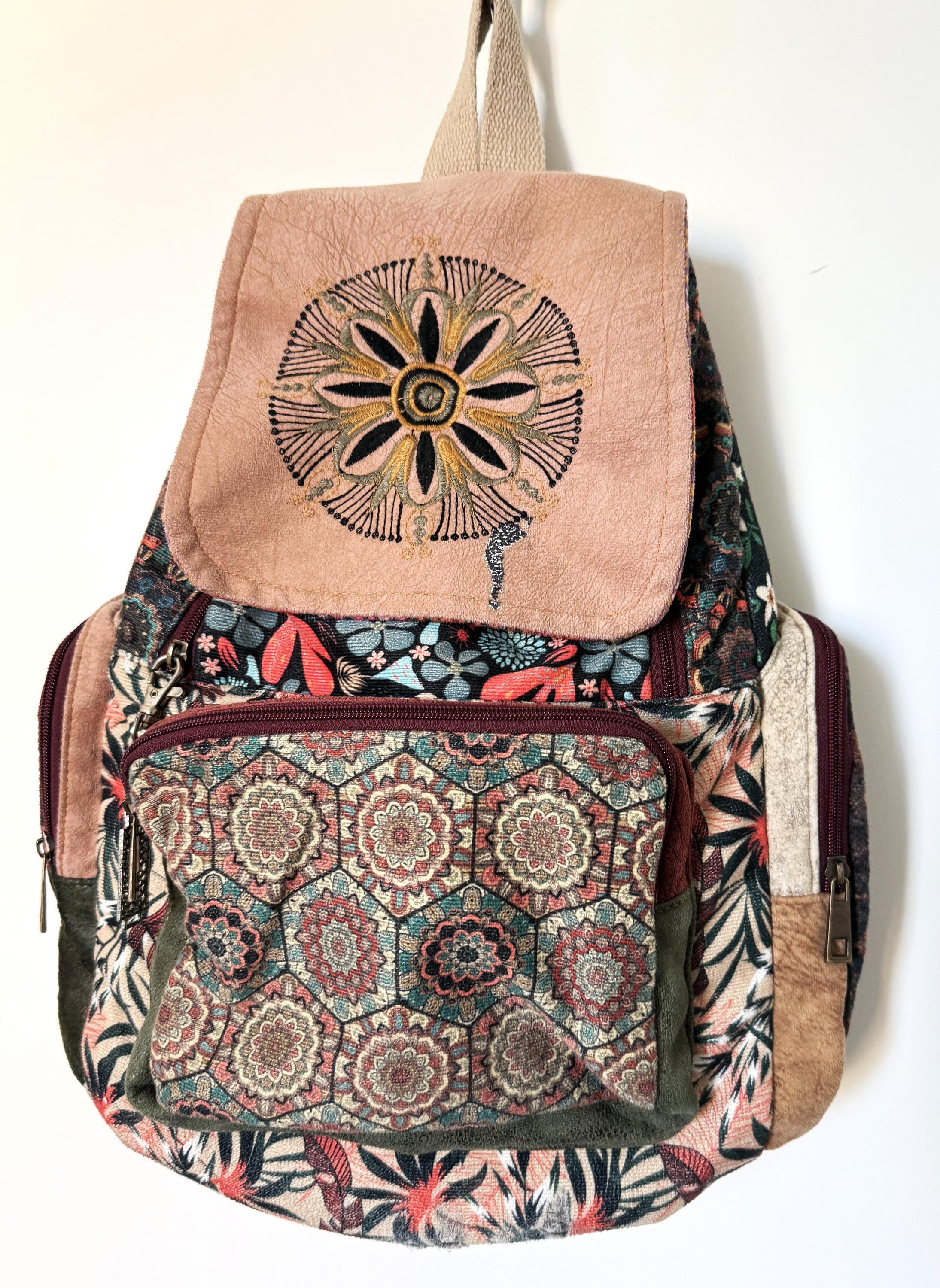Boho Turkish Leather Mini Backpack Brown Marbled Flap Artisan Istanbul Leather Backpack, Handmade Floral Painted Rucksack, Boho  main image 3