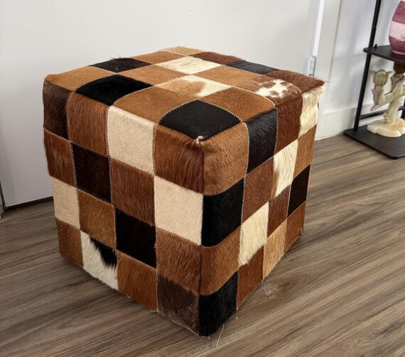 Cowhide Pouffe Brown Multicolor Patch Work Leathe… - image 1