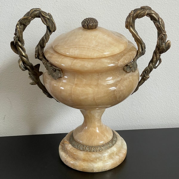 Marble Brass Urn Centerpiece Vintage solid marble and brass handles urn Collectable