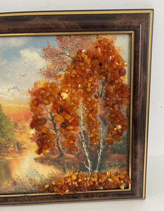 Vintage Baltic Amber Real Stone Painting Framed Picture Latvian