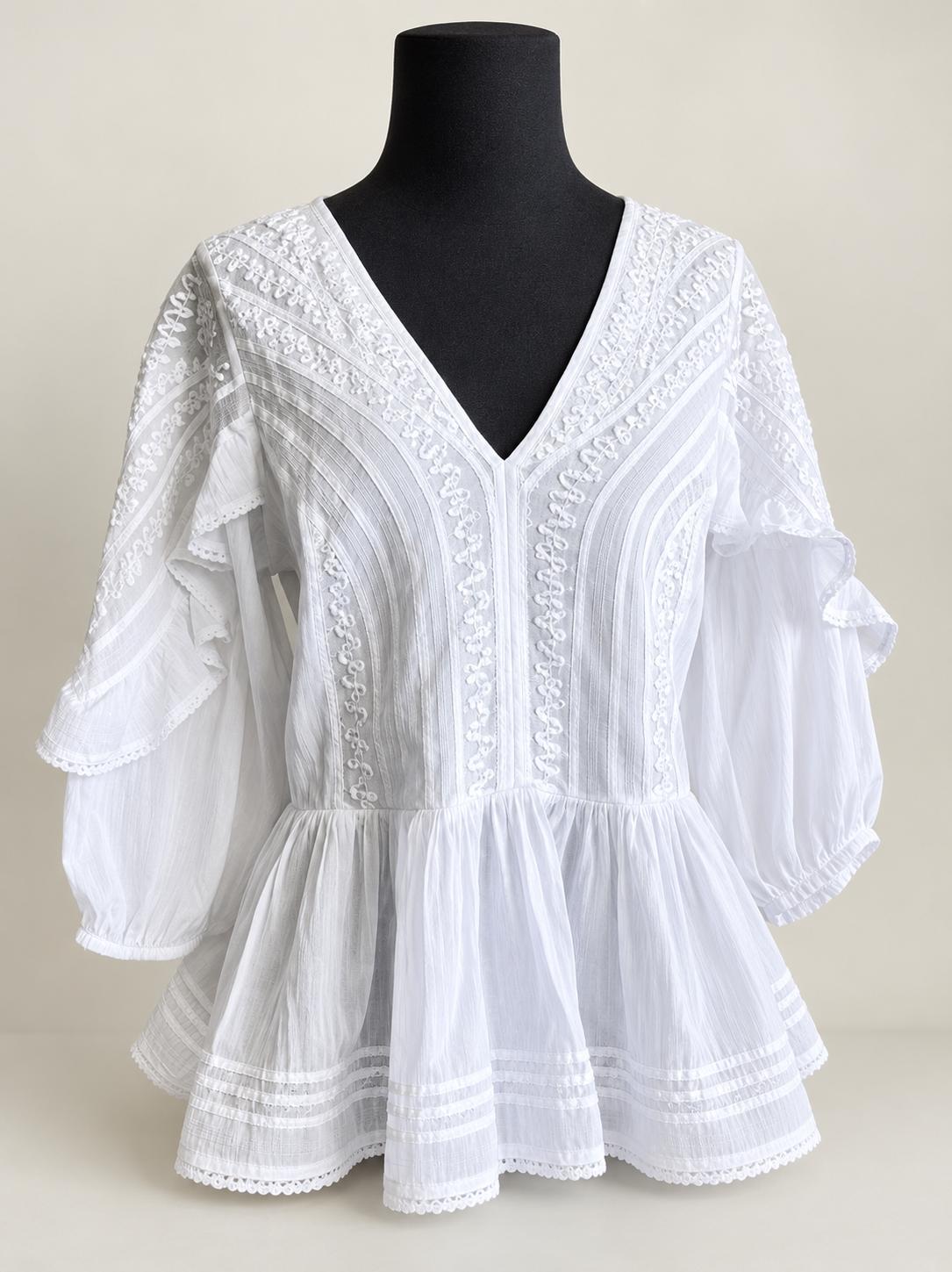 Sfera Collection White Cotton Peplum Blouse, Size M, Embroidered V
