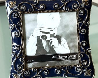 Vintage Rhinestone Photo Frame Enameled Navy