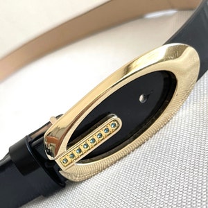 AUSTRALION Women's Belt Genuine leather belt Black real leather belt Gold/crystal plaque belt size L image 1