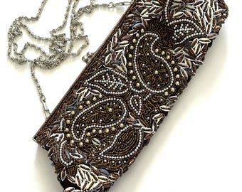 Vintage Brown Beaded Evening Clutch Party Purse