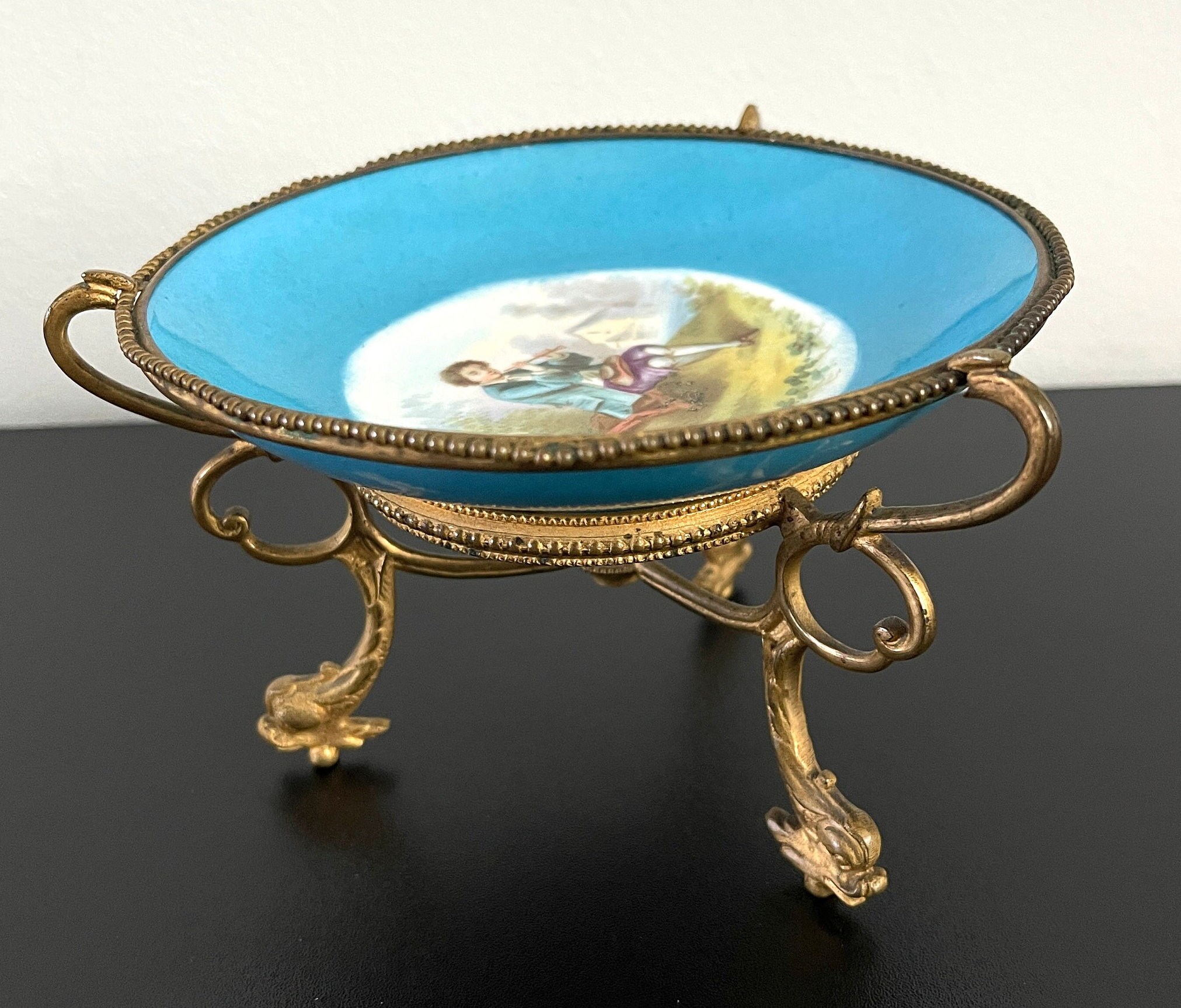 Antique French Louis XVI Japanned and Ormolu Sevres Porcelain