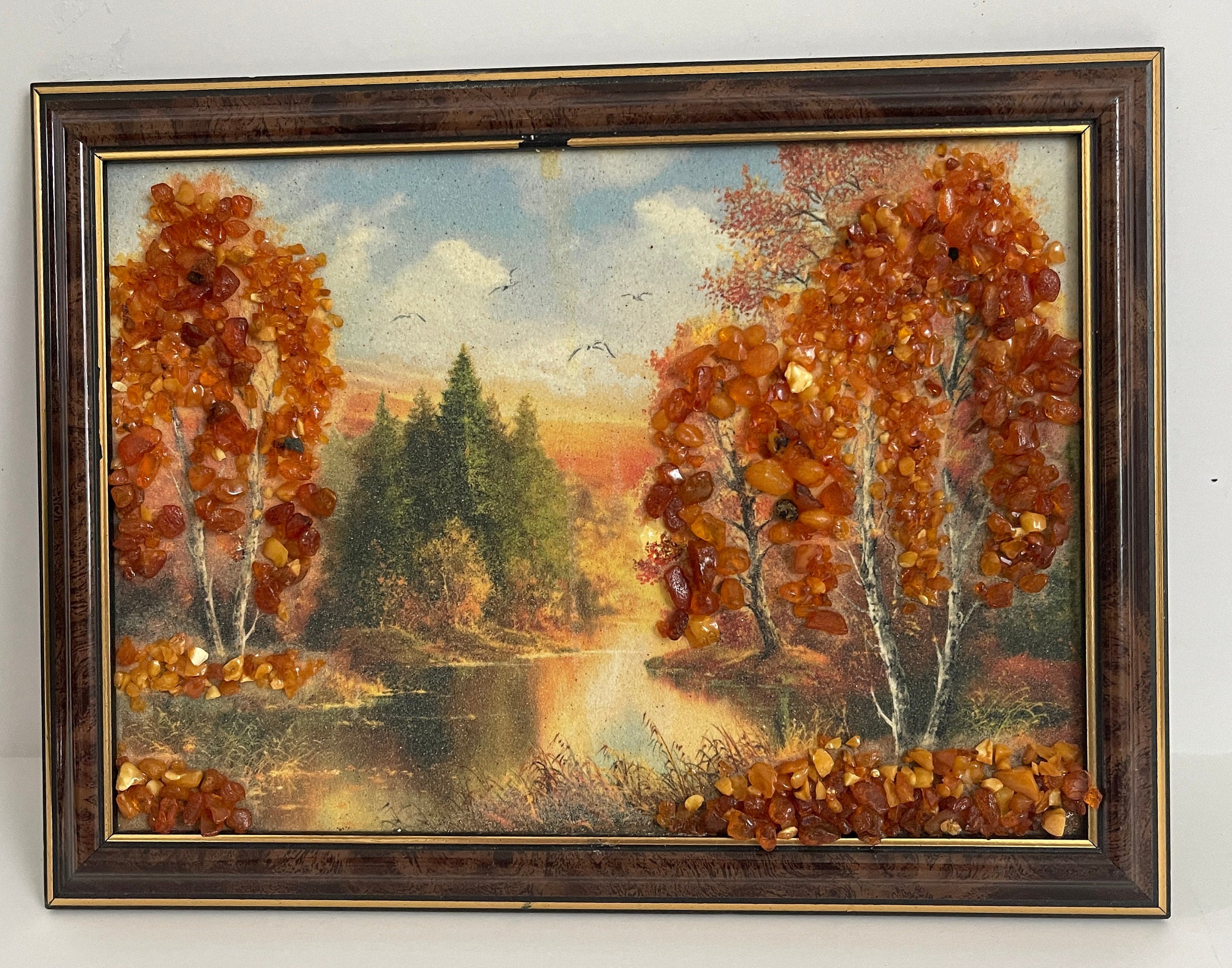 Vintage Baltic Amber Real Stone Painting Framed Picture Latvian