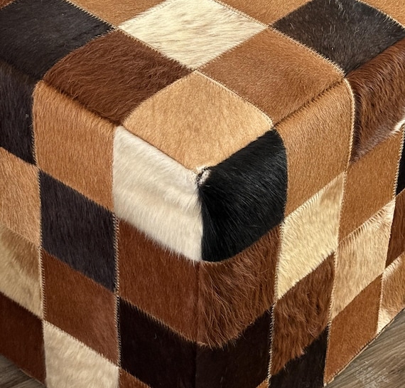 Cowhide Pouffe Brown Multicolor Patch Work Leathe… - image 2