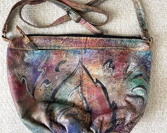 Multicolor Bag Genuine Leather Bag Hand Painted Shoulder Bag
