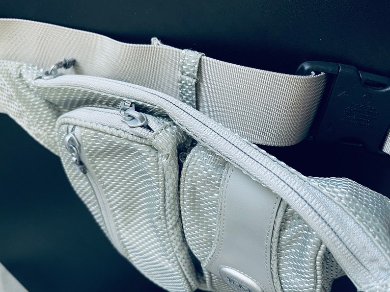 K&ouml;nnte beinhalten: Eine silberne und graue Bauchtasche mit einem Rei&szlig;verschlussfach und einem schwarzen verstellbaren G&uuml;rtel mit einer Schnalle.